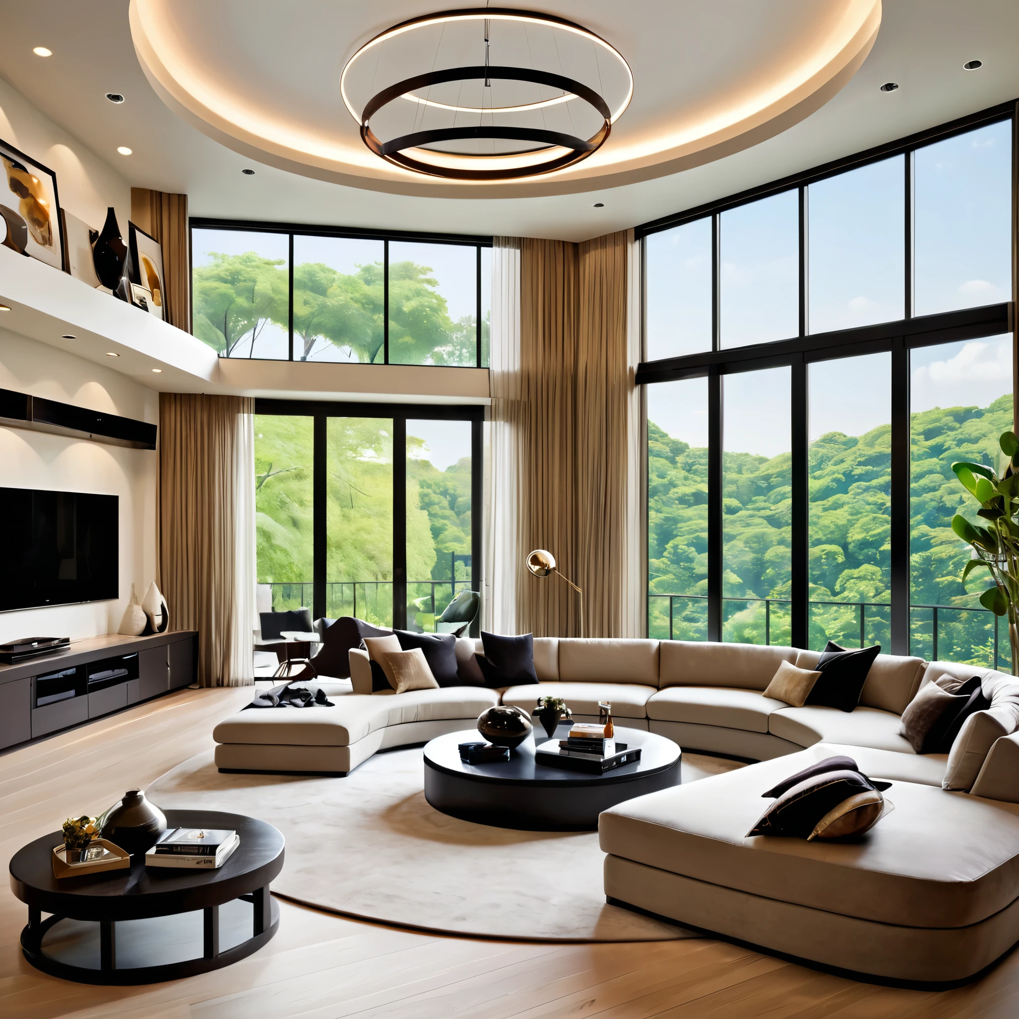 Design a luxurious and modern living room with high ceilings and a sophisticated aesthetic. The room features a large sectional sofa with a mix of neutral and dark pillows, a stylish round coffee table, and a sleek entertainment center with built-in shelving. The space is illuminated by elegant circular pendant lights hanging from the ceiling. Large floor-to-ceiling windows allow natural light to flood the room, highlighting the contemporary decor and creating an inviting atmosphere. Add a few decorative items and books on the shelves to enhance the sophisticated feel.