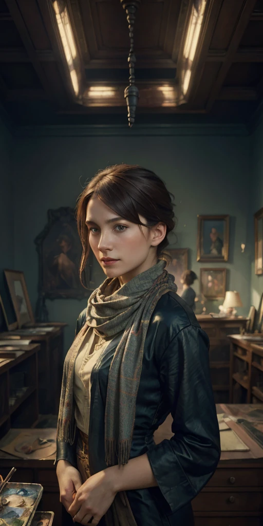 a painting of a woman with a scarf on her neck, (1girl:1.4), craig mullins alphonse mucha, artgerm craig mullins, beautiful character painting, rhads and lois van baarle, artgerm and atey ghailan, charlie bowater rich deep colors, ross tran 8 k, ( ( mads berg ) ), artgerm and craig mullins