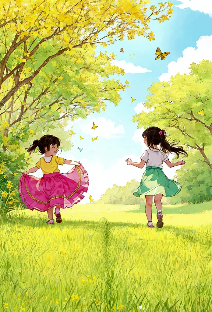 In a bright and cheerful field, two children chased butterflies with small nets. One child ran ahead while the other followed closely behind, both in a state of playful pursuit. The scene was filled with the essence of childhood innocence, as they joyfully ran through the tall grass under the warm sunlight, capturing the exuberance and wonder of their carefree adventure