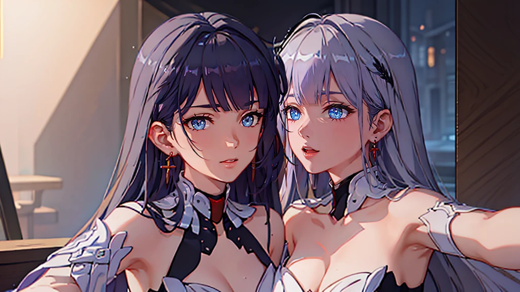 2 girls, selfie in mirror, cute, gray haired long color, purple long hair, hyper detailed, photorealistic, 8k, intricate, delicate skin, gorgeous, elegant, beautiful eyes, long eyelashes, small nose, detailed lips, dynamic pose, soft lighting, warm colors, ambient occlusion, cinematic composition, dslr, professional photography