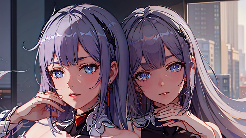 2 girls, selfie in mirror, cute, gray haired long color, purple long hair, hyper detailed, photorealistic, 8k, intricate, delicate skin, gorgeous, elegant, beautiful eyes, long eyelashes, small nose, detailed lips, dynamic pose, soft lighting, warm colors, ambient occlusion, cinematic composition, dslr, professional photography