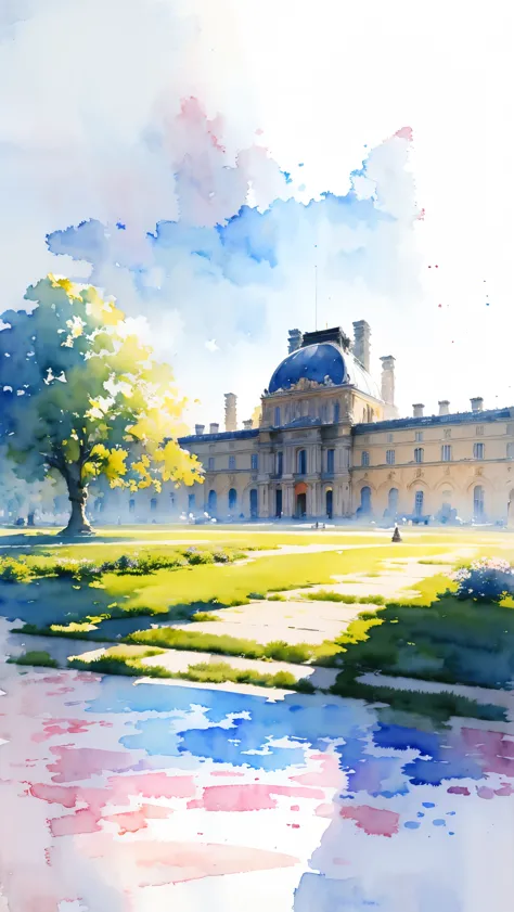 (masterpiece:1.2, Highest quality),(Very detailed),(((watercolor))),8K,wallpaper,Landscape of France,Louvre Museum