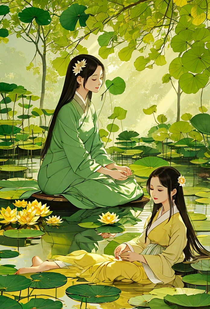 In a tranquil lotus pond, una niña sentada en un bote pequeño, recogiendo suavemente flores de loto. El estanque estaba lleno de exuberantes hojas verdes y flores vibrantes.. La luz del sol se filtra a través de las hojas., lanzando un suave, Resplandor dorado sobre la escena.