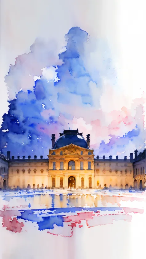 (masterpiece:1.2, Highest quality),(Very detailed),(((watercolor))),8K,wallpaper,Landscape of France,Louvre Museum,night