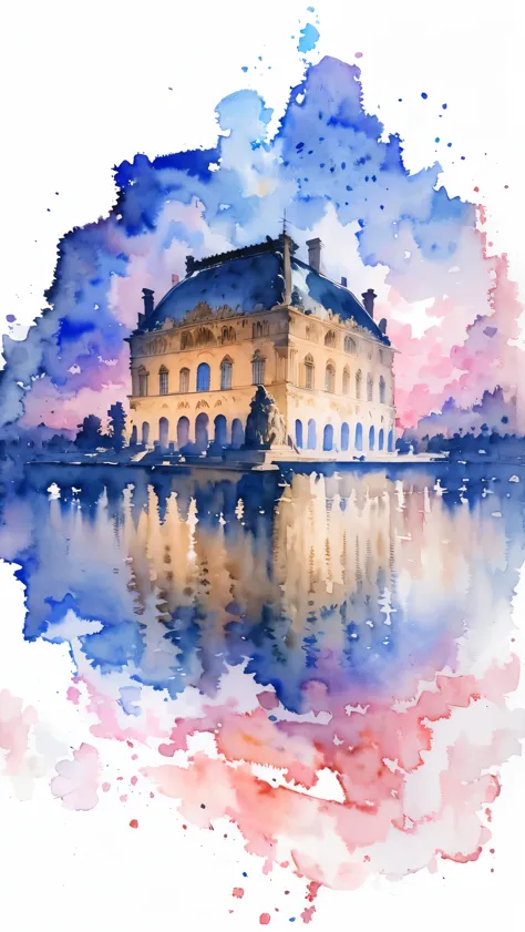 (masterpiece:1.2, Highest quality),(Very detailed),(((watercolor))),8K,wallpaper,Landscape of France,Louvre Museum,night,(((透明wa...