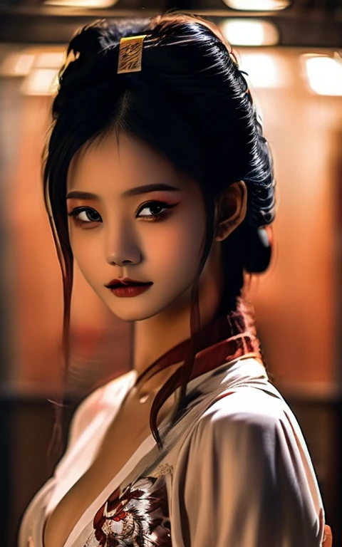 melhor qualidade, obra de arte, Alta resolução, wuxia1girl,corar,(sorriso charmoso:0.8),pupila em forma de estrela,chinês hanfu,Acessórios de cabelo,colar, joia,cara bonita,acima_corpo,(((seios cheios e macios,)))(((seios enormes))) (((decote))) Efeito Tyndall,realidade, estúdio escuro, luz de aro, iluminação em dois tons,(Pele com alto detalhe:1.2), 8k hd, câmera digital SLR, iluminação suave, alta qualidade, iluminação volumétrica, Frank, foto, Alta resolução, 4K, 8K, Bokeh