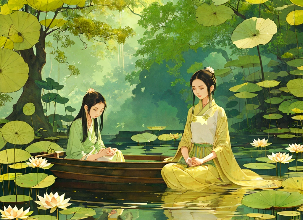 In a tranquil lotus pond, una niña sentada en un bote pequeño, recogiendo suavemente flores de loto. El estanque estaba lleno de exuberantes hojas verdes y flores vibrantes.. La luz del sol se filtra a través de las hojas., lanzando un suave, Resplandor dorado sobre la escena.