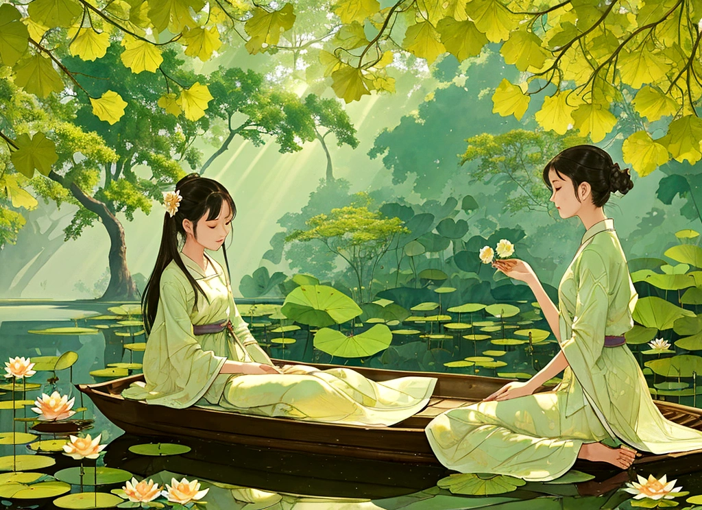 Dans un étang de lotus paisible, une fille était assise dans un petit bateau, cueillant délicatement des fleurs de lotus. L'étang était rempli de feuilles vertes luxuriantes et de fleurs vibrantes. La lumière du soleil filtrée à travers les feuilles, jetant un doux, Lueur dorée sur la scène.