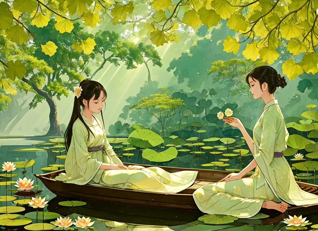 In a tranquil lotus pond, a girl sat in a small boat, gently picking lotus flowers. The pond was filled with lush green leaves a...