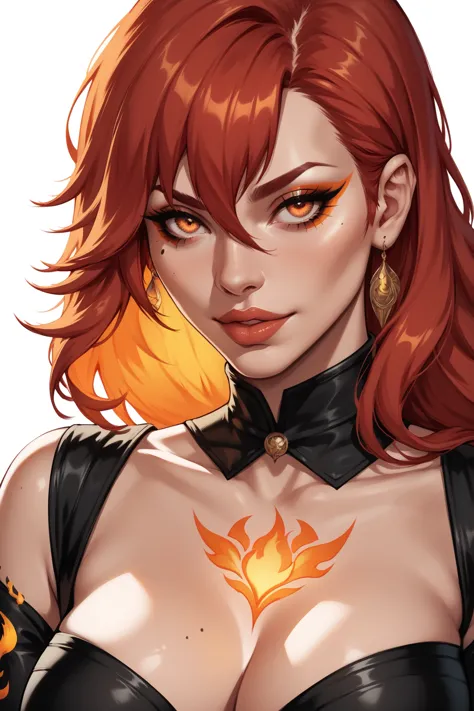 a girl with red hair with some orange streaks. she has a burning and seductive look, red and orange eyes. she has a flame tattoo...