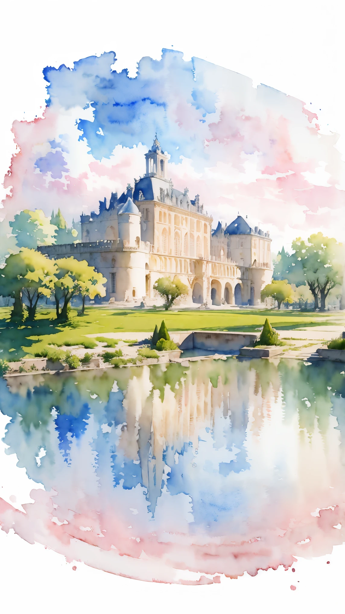 (傑作:1.2, 最高品質),(非常に詳細),(((水彩))),8K,壁紙,フランスの風景,ベルサイユ城