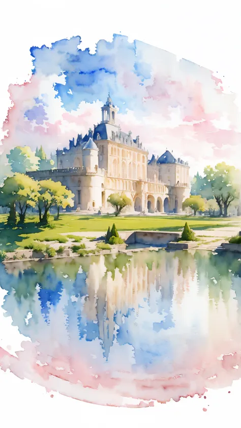 (masterpiece:1.2, Highest quality),(Very detailed),(((watercolor))),8K,wallpaper,Landscape of France,Chateau de Versailles