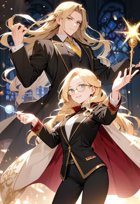 noble，blond，grace，Black suit，Gold rimmed glasses，male，one person，Magic wand in hand