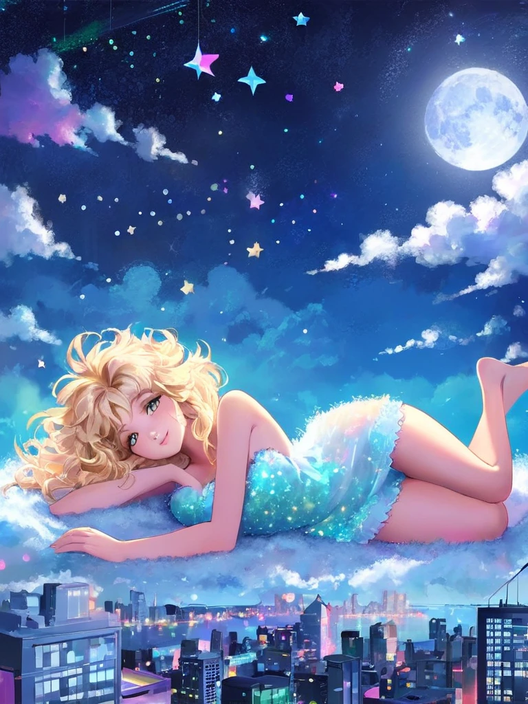 a beautiful 20 year old blonde nude woman with big messy hair, laying on a fluffy cloud, floating gracefully over a small city, cityscape, twinkling stars and glowing moon at night, cute detailed digital art, colorfull digital fantasy art, digital fantasy art ), glossy digital painting, rossdraws pastel vibrant, rossdraws 2. 5, rossdraws 1. 0