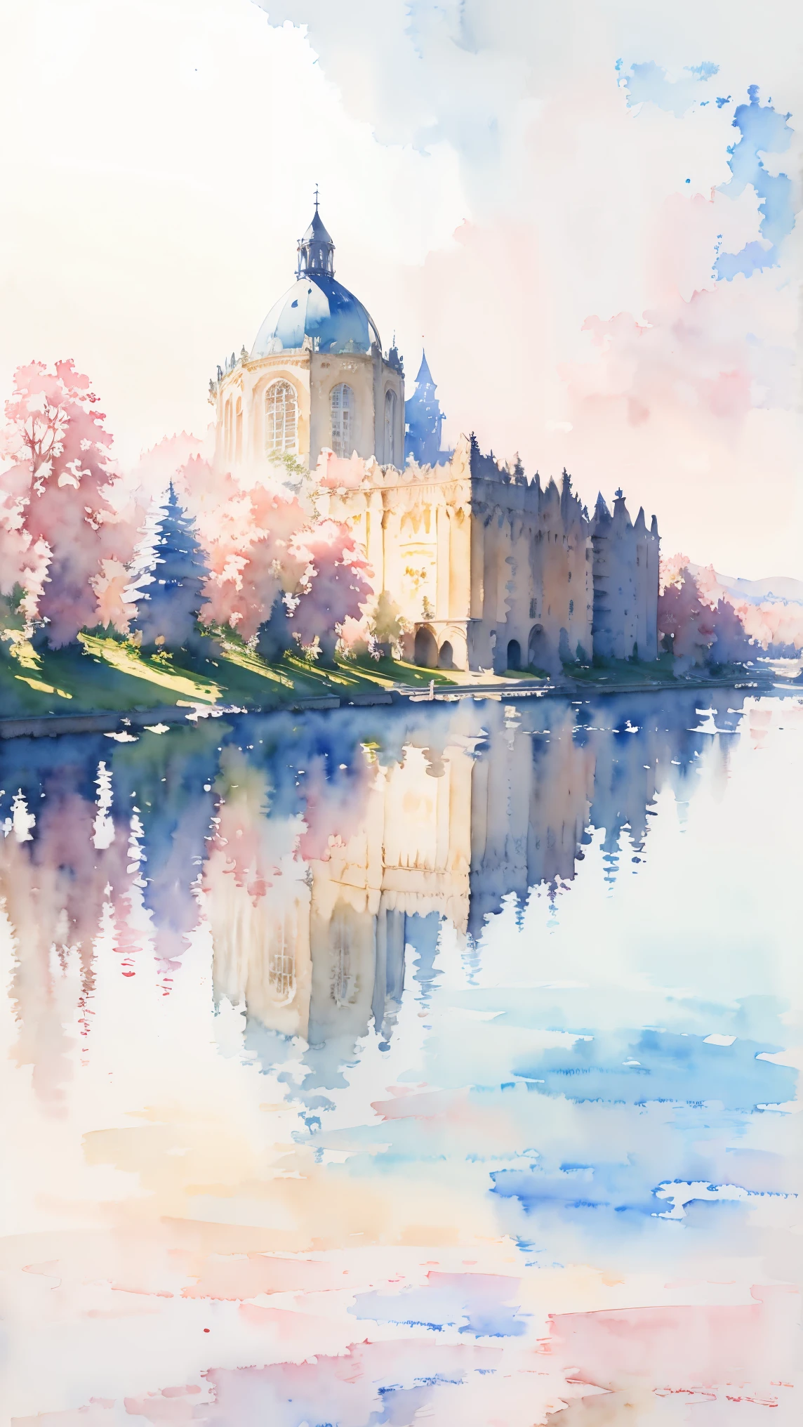 (masterpiece:1.2, Highest quality),(Very detailed),(((watercolor))),8k,wallpaper,Landscape of France,Castle of Versailles,(((Transparent watercolor)))