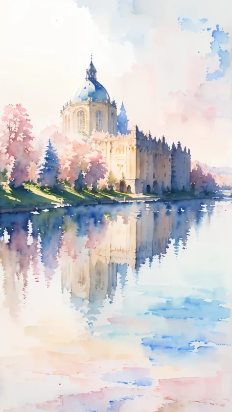 (masterpiece:1.2, Highest quality),(Very detailed),(((watercolor))),8K,wallpaper,Landscape of France,Chateau de Versailles,(((透明...