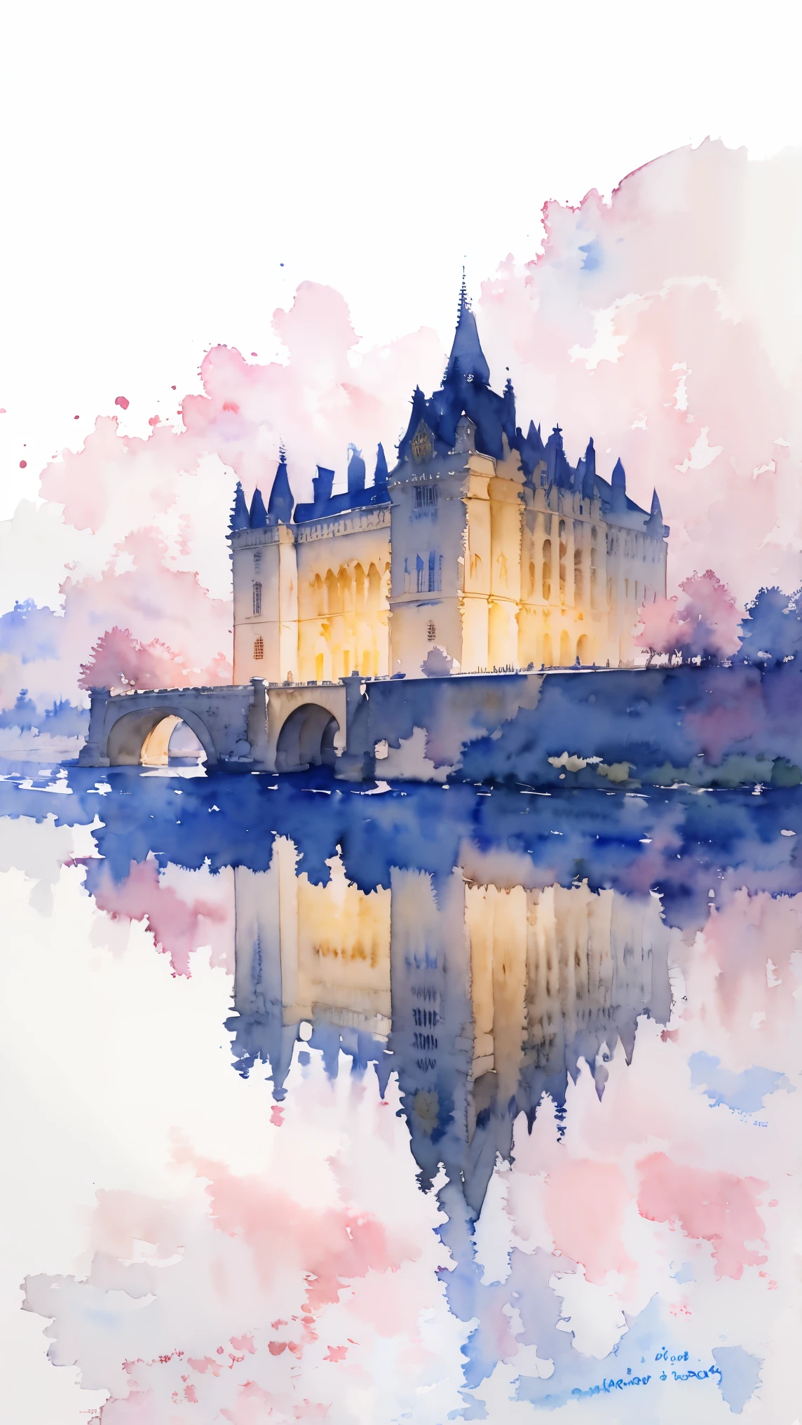 (masterpiece:1.2, Highest quality),(Very detailed),(((watercolor))),8K,wallpaper,Landscape of France,Chateau de Versailles,night,(((透明watercolor)))