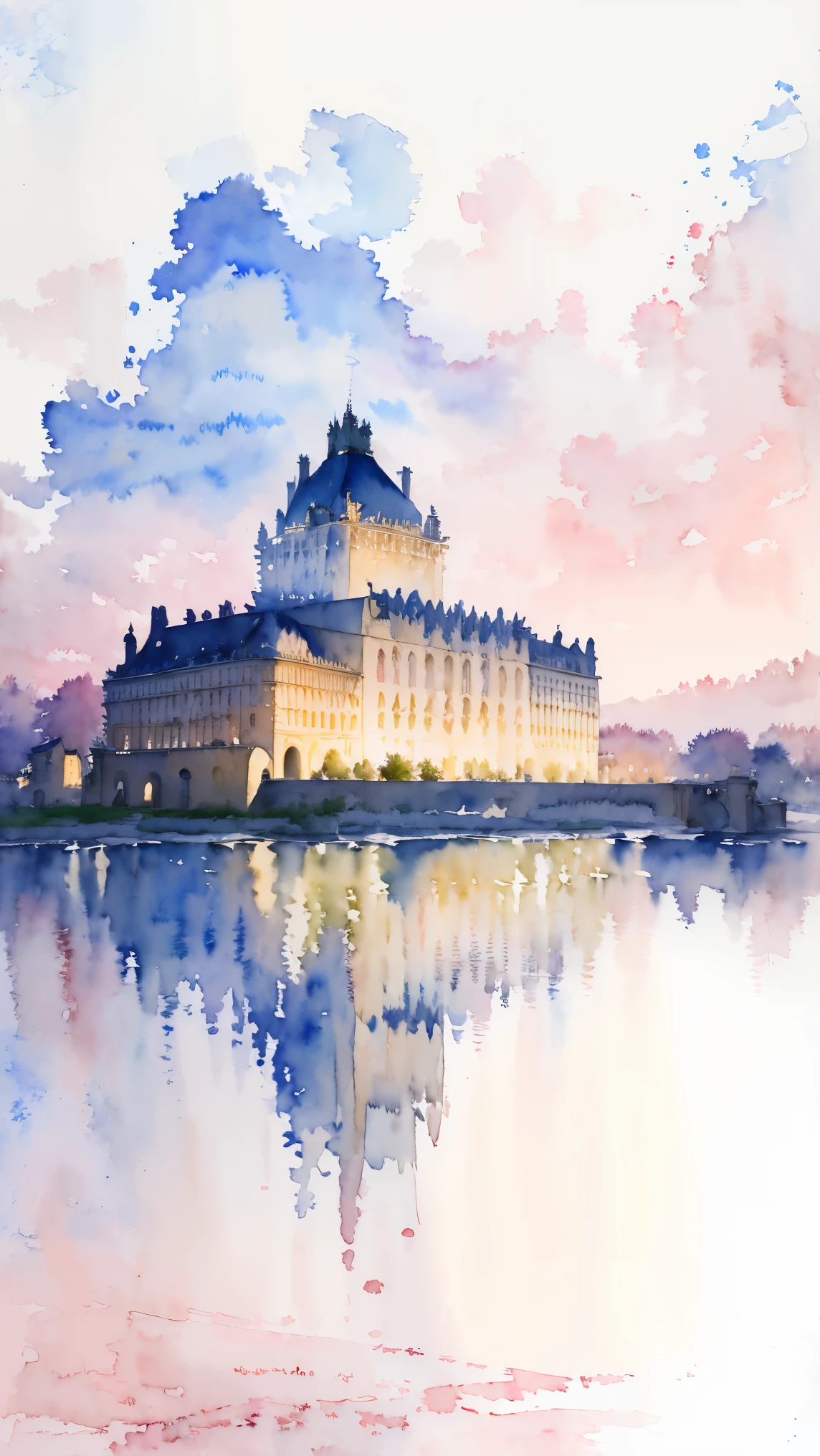 (masterpiece:1.2, Highest quality),(Very detailed),(((watercolor))),8K,wallpaper,Landscape of France,Chateau de Versailles,night,(((透明watercolor)))