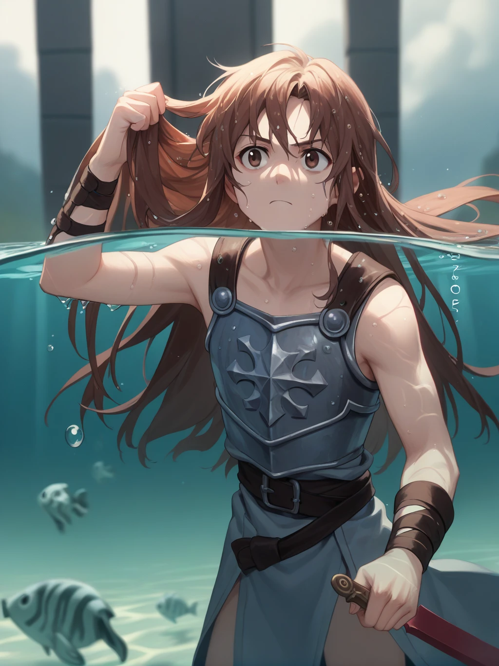 Partially underwater,最high quality,high quality, 4-year-old, , Long Hair, Brown Hair, Wet Hair,  Blurred Edges,Flat Chest,Pitch-dark underground labyrinth,No light,Leather armor,Equipped with a dagger and a shield,Face above water,Body in water, Underwater Photography,The robe rolls up due to buoyancy