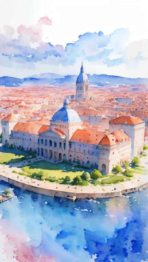 (masterpiece:1.2, Highest quality),(Very detailed),(((watercolor))),8K,wallpaper,Landscape of France,Opera House
