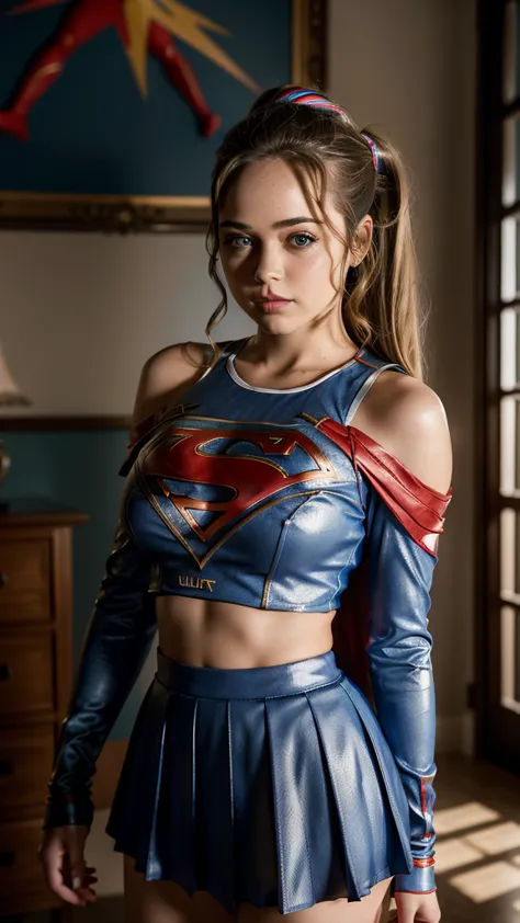 Mary Mouser is Supergirl, long blonde hair, wearing (Supergirl cheerleader, no cape, cropped top, pleated miniskirt),(big breast...