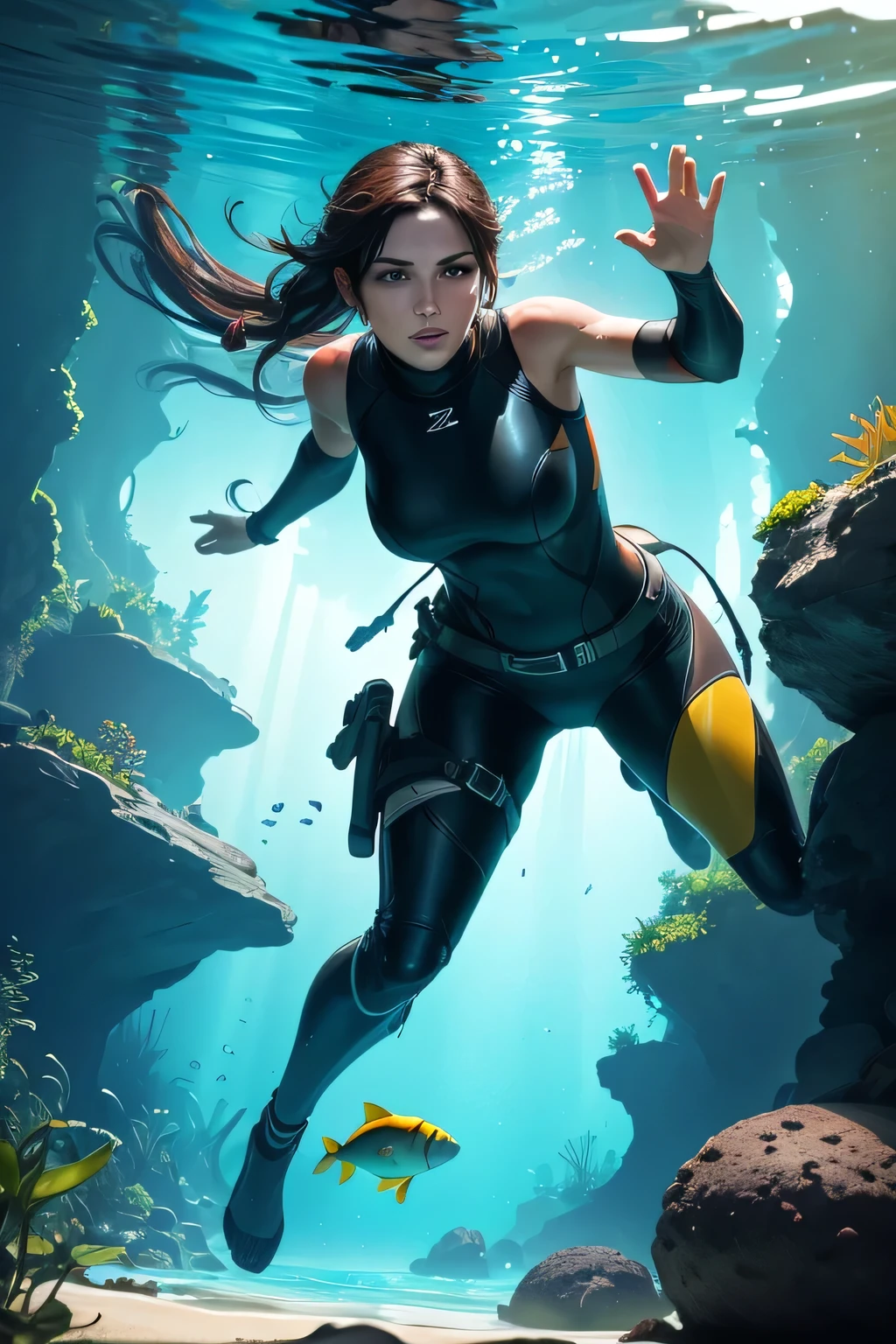 Create an illustration of Lara Croft swimming and diving in a crystal-clear river, surrounded by lush, tropical vegetation. Lara is fully immersed in her underwater adventure, wearing a sleek wetsuit and diving gear, including a mask and fins. She is swimming gracefully, with a determined expression, searching for hidden treasures beneath the water's surface. The underwater environment should be rich with vibrant coral, colorful fish, and mysterious ruins or artifacts partially buried in the sand. The sunlight filters through the water, creating a mesmerizing, dappled light effect. The overall atmosphere should convey a sense of exploration, discovery, and the natural beauty of an uncharted aquatic world.