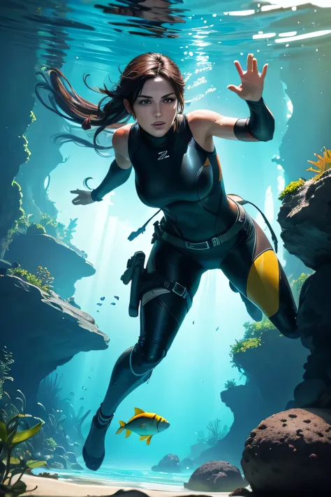 Create an illustration of Lara Croft swimming and diving in a crystal-clear river, surrounded by lush, tropical vegetation. Lara...