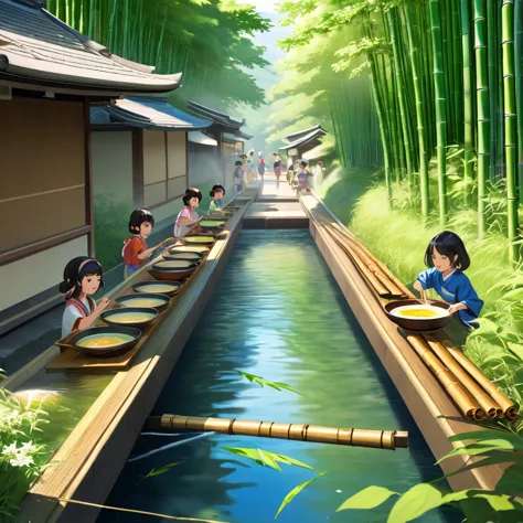 which is a summer tradition of Japan, Nagashi somen, Bamboo Gutter, Somen, Clear Stream, Lush valleys, Sunlight filtering throug...
