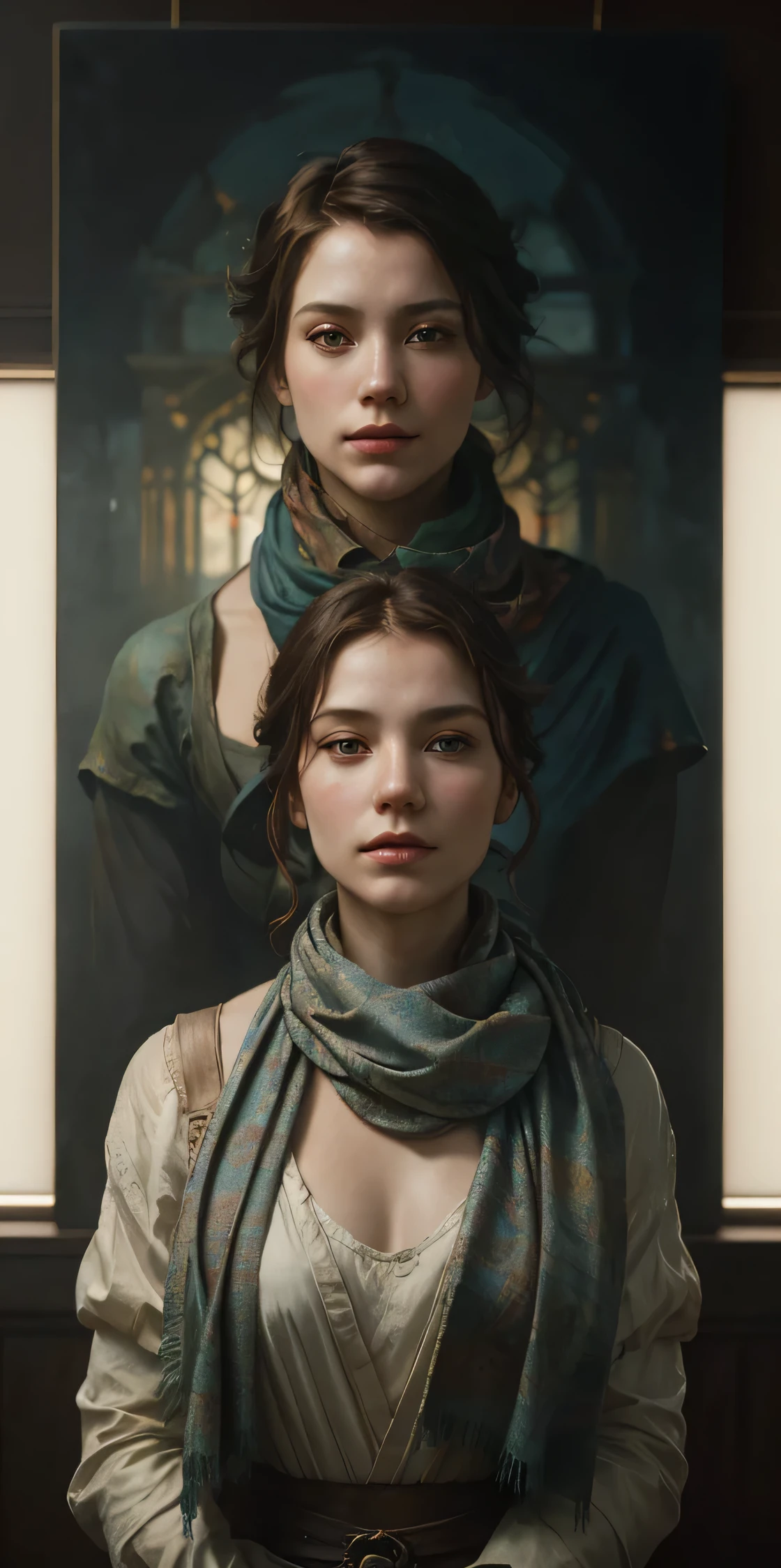 a painting of a woman with a scarf on her neck, (1girl:1.4), craig mullins alphonse mucha, artgerm craig mullins, beautiful character painting, rhads and lois van baarle, artgerm and atey ghailan, charlie bowater rich deep colors, ross tran 8 k, ( ( mads berg ) ), artgerm and craig mullins