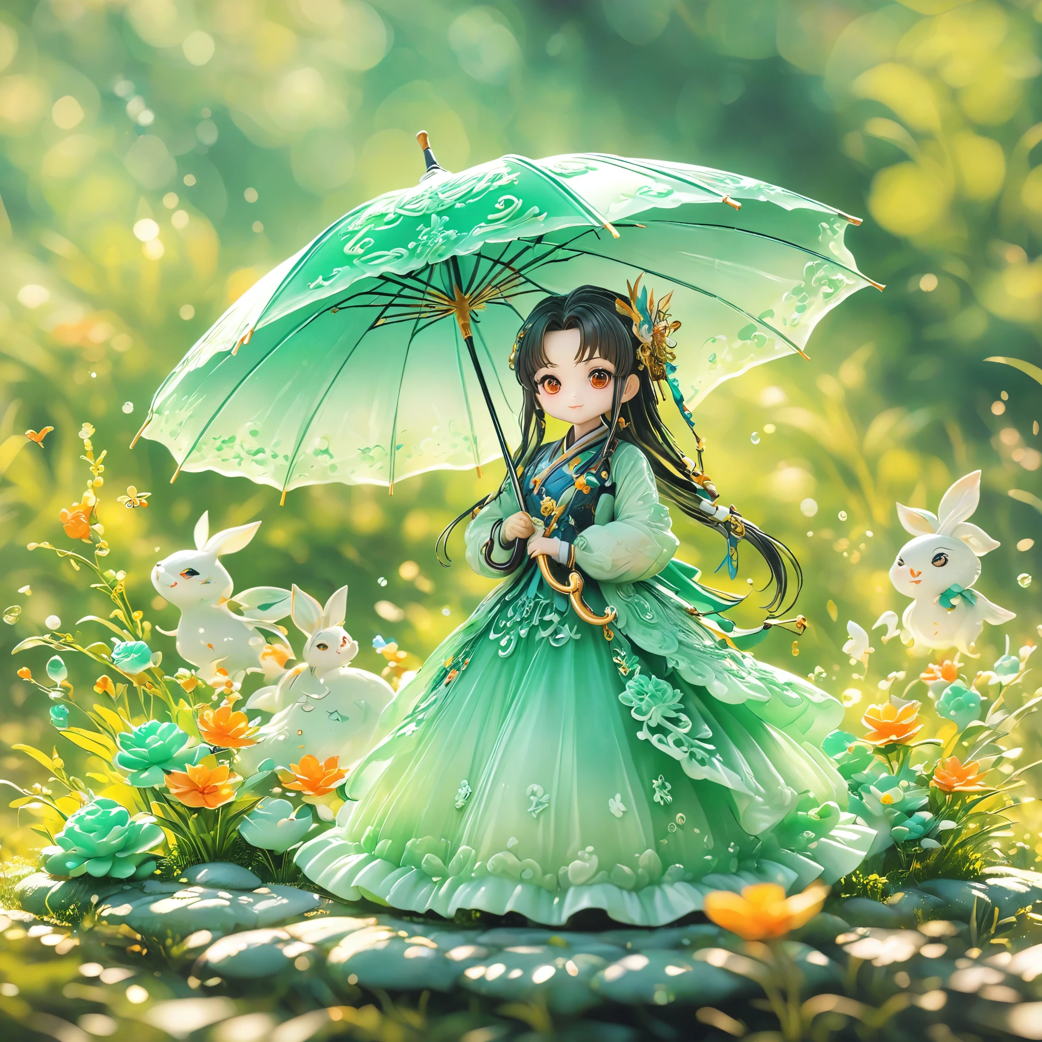 best quality, very good, 16K, ridiculous, Very detailed, charming(((Person holding an umbrella1.3)))，Made of translucent jadeite, Background grassland（（A masterpiece full of fantasy elements）））， （（best quality））， （（Intricate details））（8K）
