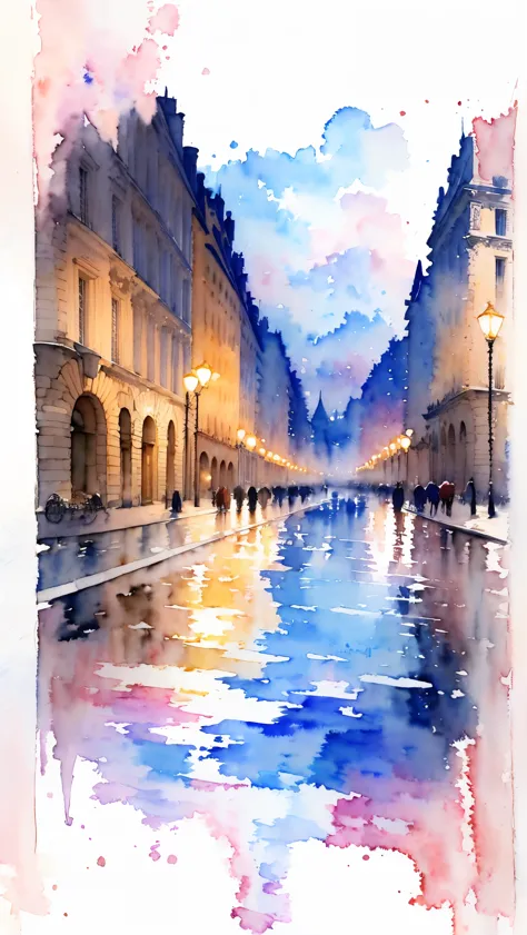 (masterpiece:1.2, highest quality),(very detailed),(((watercolor))),8k,wallpaper,landscape of france,champs-élysées,night,(((透明w...