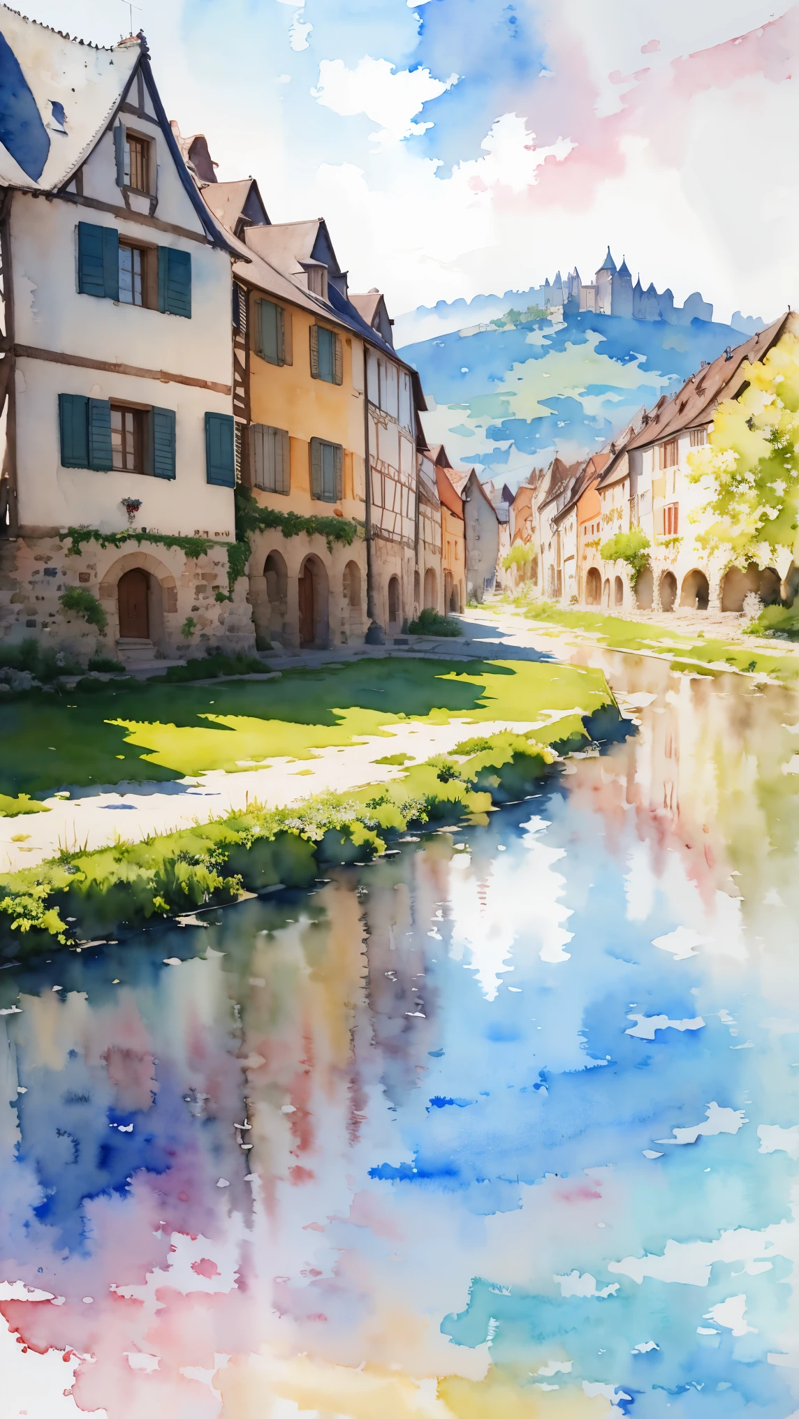 (Obra de arte:1.2, mais alta qualidade),(Muito detalhado),(((aquarela))),8K,papel de parede,Paisagem da França,Cidade velha de Colmar