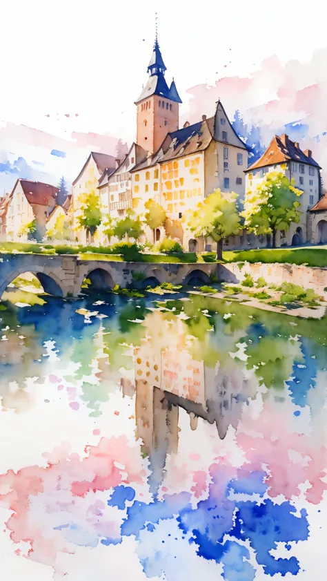 (masterpiece:1.2, Highest quality),(Very detailed),(((watercolor))),8K,wallpaper,Landscape of France,Colmar old town