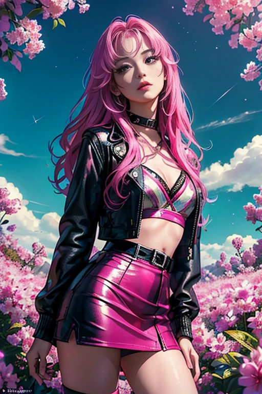 magenta tint、Bright colorasterpiece)))、(((top quality)))、((Super detailed))、(surreal)、(Very detailed CG illustrations）、official art、CD cover、This will be、midsummer、fashionable、The glorious 1980s、cruel beauty、cochetti gorgeous、gorgeous、Colorful hair、rock music、leather jacket、miniskirt、women only、perfect angle、Perfect composition、