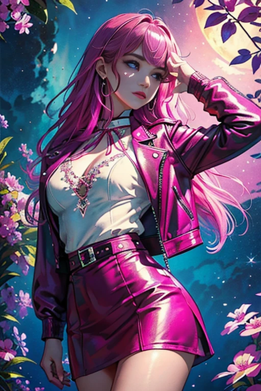 magenta tint、Bright colorasterpiece)))、(((top quality)))、((Super detailed))、(surreal)、(Very detailed CG illustrations）、official art、CD cover、This will be、midsummer、fashionable、The glorious 1980s、cruel beauty、cochetti gorgeous、gorgeous、Colorful hair、rock music、leather jacket、miniskirt、women only、perfect angle、Perfect composition、