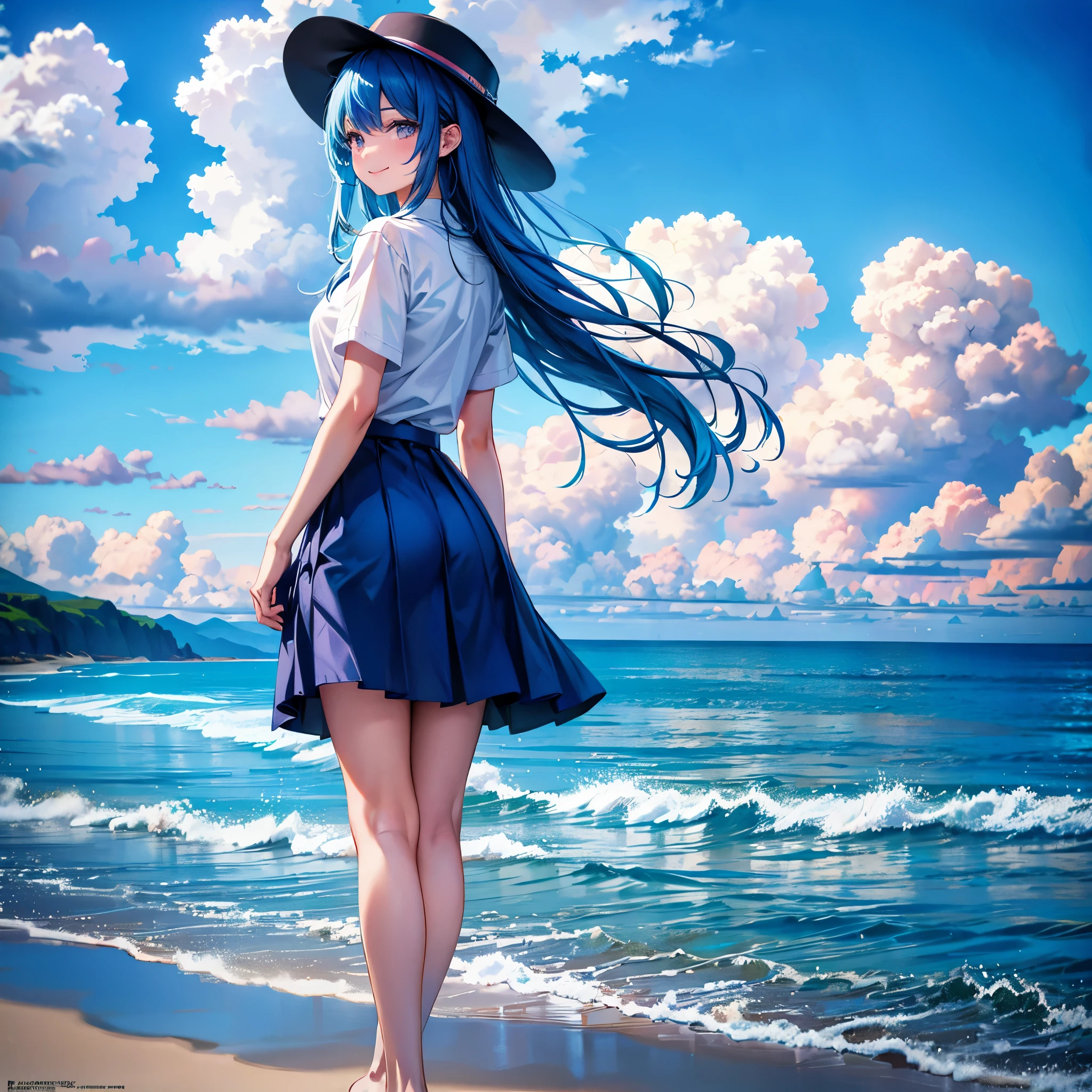 absurdity, high resolution, (official art, beautiful and aesthetic: 1.2), sparkling sky, vast world,((1 girl)), staring, awe-inspiring expression, distant horizon, clouds, natural beauty, inspiration, light effect, wide shot, from afar,beautiful woman, (masterpiece), (high resolution 8K), professional illustration, 1 girl, late teenage, walking, long shot, from behind, , short sleeve shirt, blue skirt,hat, long hair, blue hair, smile, looking up, on the beach, blue sky, daytime, in summer, natural lighting, detailed body, detailed skin