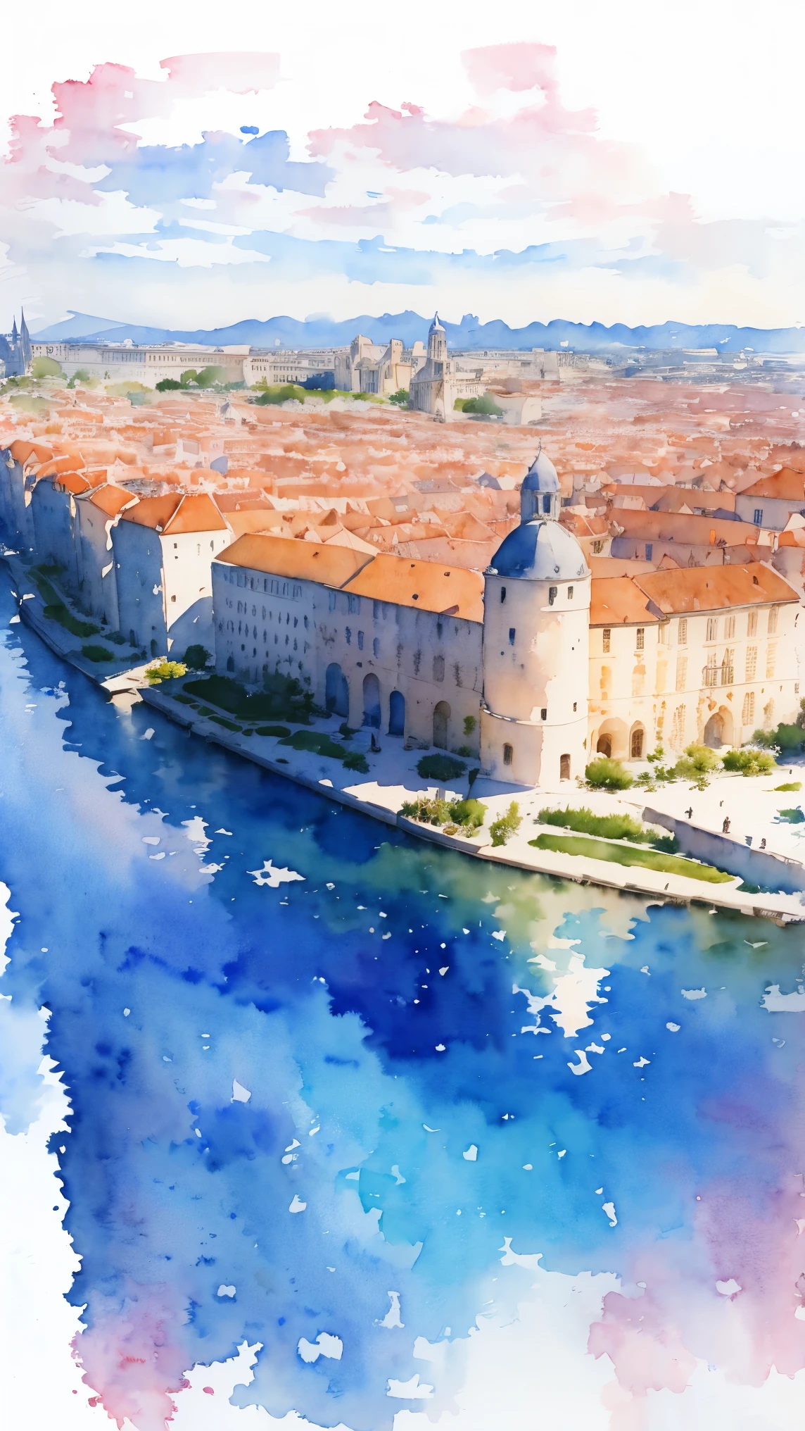 (masterpiece:1.2, Highest quality),(Very detailed),(((watercolor))),8K,wallpaper,Landscape of France,Bordeaux, the port of the moon