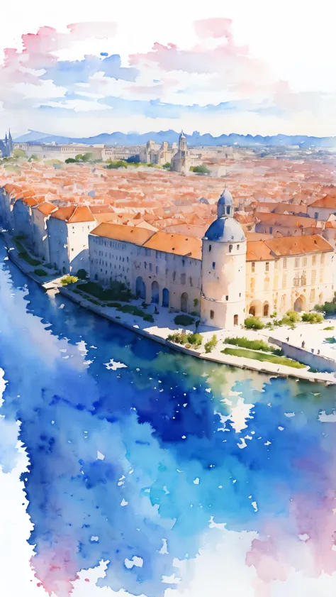 (masterpiece:1.2, Highest quality),(Very detailed),(((watercolor))),8K,wallpaper,Landscape of France,Bordeaux, the port of the m...
