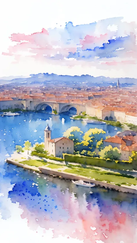 (masterpiece:1.2, Highest quality),(Very detailed),(((watercolor))),8K,wallpaper,Landscape of France,Bordeaux, the port of the m...