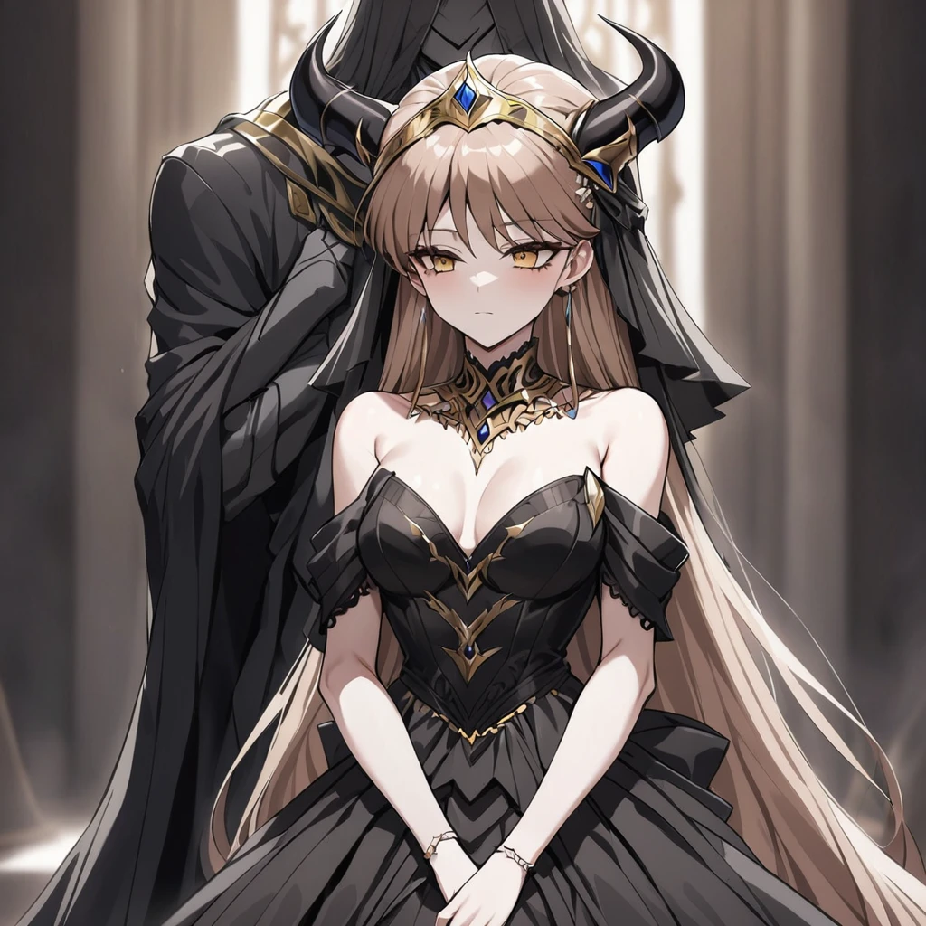 ((Highest quality)), ((masterpiece)), (detailed), （Perfect Face）、The woman is Princess Leona, with medium-long light brown hair. She is wearing a gorgeous black wedding dress decorated with gold and a black wedding veil, and is getting married to a dignified man who is the Demon King of an evil organization.、Women are brainwashed, expressionless, and have no highlights in their eyes.、The woman is getting married to a powerful demon king of an evil organization.、The powerful demon king of the evil organization embraces the woman.