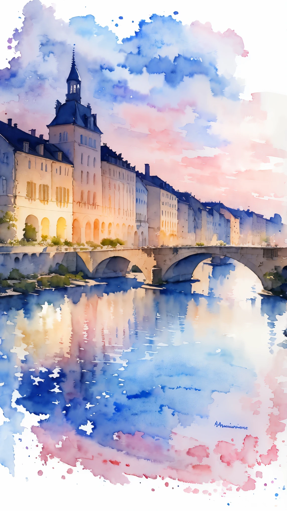 (masterpiece:1.2, Highest quality),(Very detailed),(((watercolor))),8K,wallpaper,Landscape of France,Bordeaux, the port of the moon,(((Transparent watercolor)))