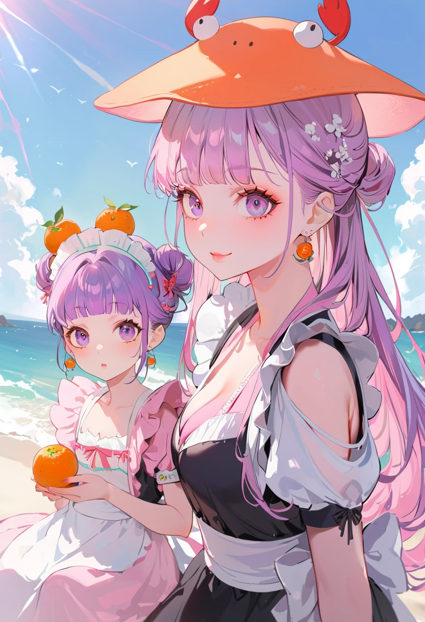 (Maid:1.5),(highest quality,Super detailed,High resolution:1.2),Purple hair girl painting、Glass mandarin orange earrings decorate both ears、Eye color: Ocean pink purple、Beautiful girl with a perfect face,Two girls、One of them is wearing a crab hat、One of them is wearing a tangerine hat.、very_Long eyelashes, Detailed lips, A radiant smile, Holding hands、Soft Skin, Shiny Hair,Vibrant Background, Natural light,The cutest girl in the world,Exquisite makeup,Pouting、((Hugging on a cushion))、Sit down, long hair、Bun hairstyle Beautiful, translucent white skin、Wet purple dress、Pink underwear is visible、Pink bra is visible through、Pink pants show through、quality\(8k,Highly detailed CG unit wallpaper, masterpiece,High resolution,top-quality,top-quality real texture skin,Super two-dimensional,Increase the resolution,RAW Photos,highest quality,Very detailed,wallpaper,Ray-tracing,Golden Ratio\),[Browsing Caution]