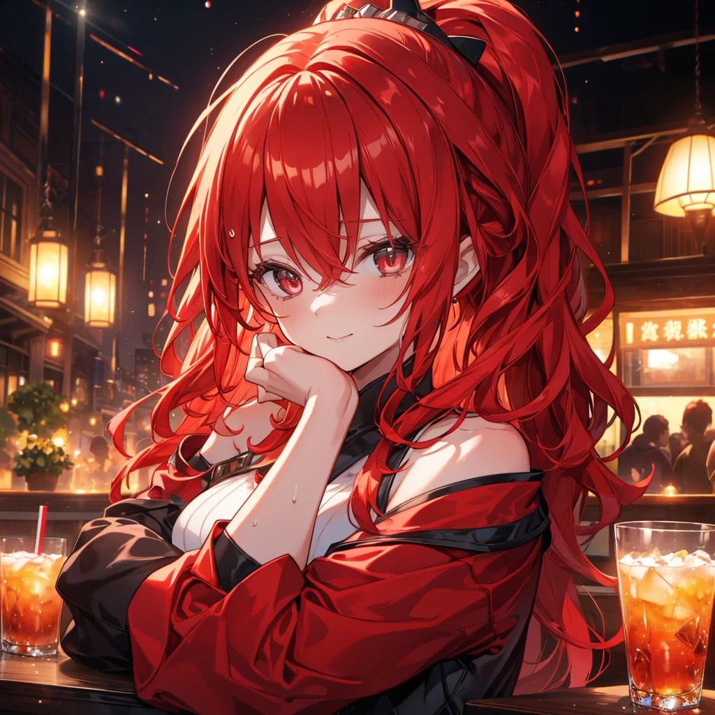 Woman sitting at a bar drinking a cocktail, Quiet bar, Calm expression, Perfect hands, elder, Red Hair, The dignity of a 50-year-old, ほろ酔いのwoman, solo、(Highly detailed background:1.0)、(Highly detailed background:1.0)、masterpiece、Highest quality、(Babes)、Fractal Art、Red eyes、Narrow eyes、Black and red dress, Reddish lips、From the shoulders up、smile、One Woman、Red long ponytail, Curly Hair, Red eyes,Golden accessories, solo, Big Breasts, woman, Take-out, Provocative laughter,40 year old woman,Queen of Sadism, Highly detailed background, Perfect Human Medicine, Sweat,