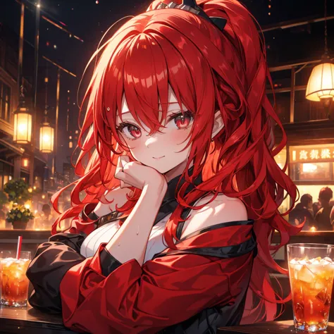 woman sitting at a bar drinking a cocktail, quiet bar, calm expression, perfect hands, elder, red hair, the dignity of a 50-year...