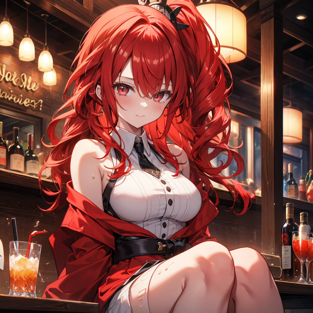 Woman sitting at a bar drinking a cocktail, Quiet bar, Calm expression, Perfect hands, elder, Red Hair, The dignity of a 50-year-old, ほろ酔いのwoman, solo、(Highly detailed background:1.0)、(Highly detailed background:1.0)、masterpiece、Highest quality、(Babes)、Fractal Art、Red eyes、Narrow eyes、Black and red dress, Reddish lips、From the shoulders up、smile、One Woman、Red long ponytail, Curly Hair, Red eyes,Golden accessories, solo, Big Breasts, woman, Take-out, Provocative laughter,40 year old woman,Queen of Sadism, Highly detailed background, Perfect Human Medicine, Sweat,