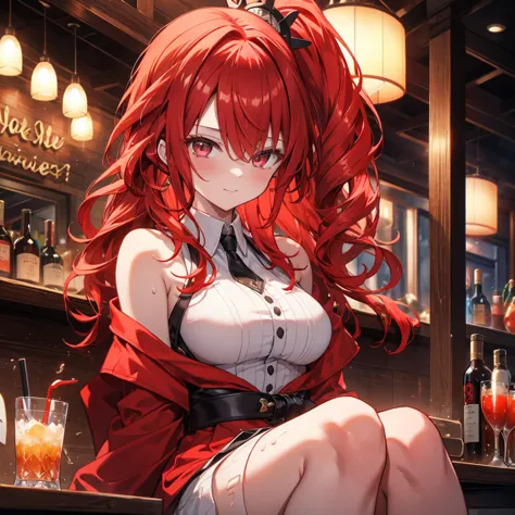 Woman sitting at a bar drinking a cocktail, Quiet bar, Calm expression, Perfect hands, elder, Red Hair, The dignity of a 50-year...