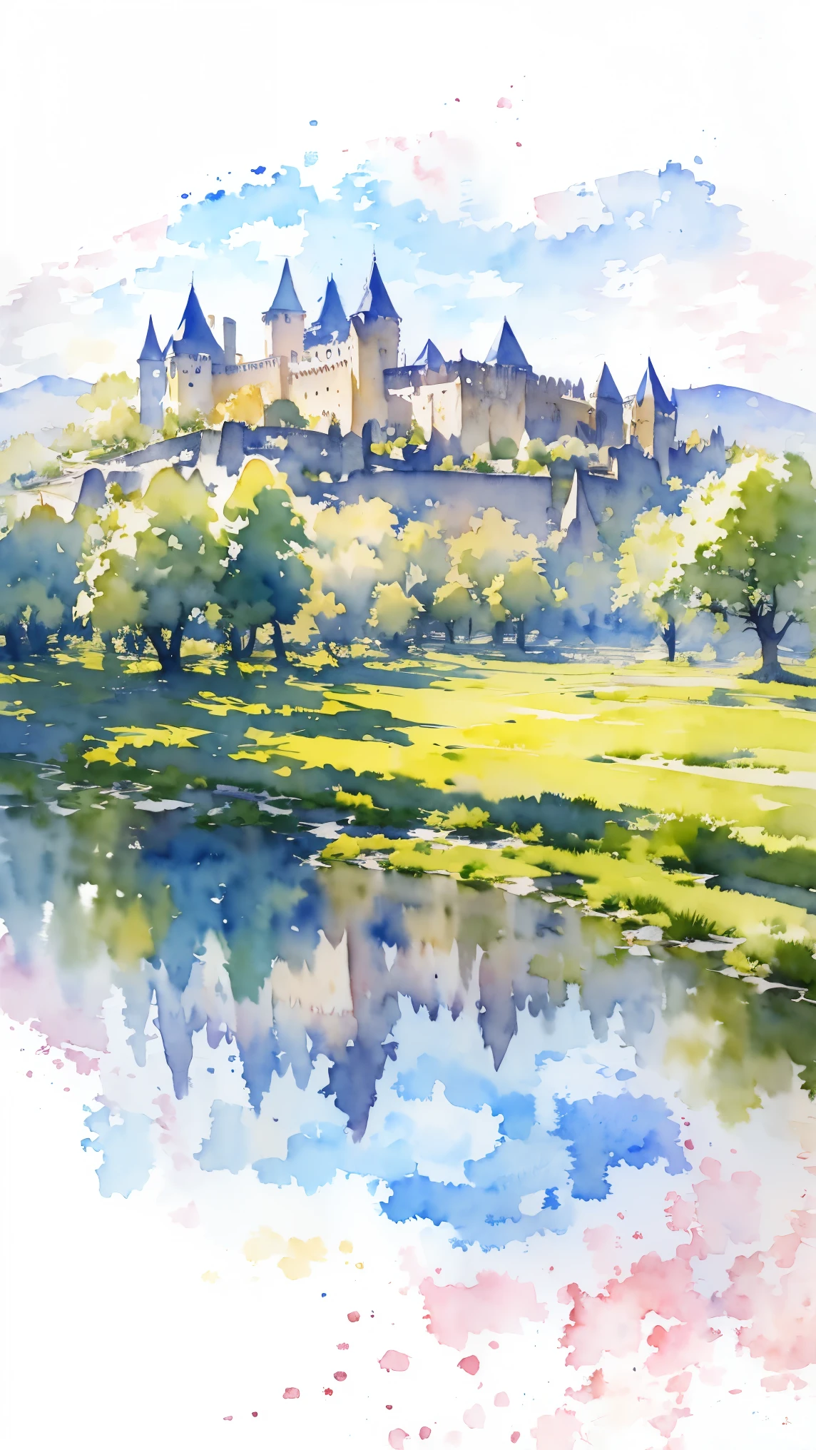 (masterpiece:1.2, Highest quality),(Very detailed),(((watercolor))),8k,wallpaper,Landscape of France,Carcassonne,(((Transparent watercolor)))