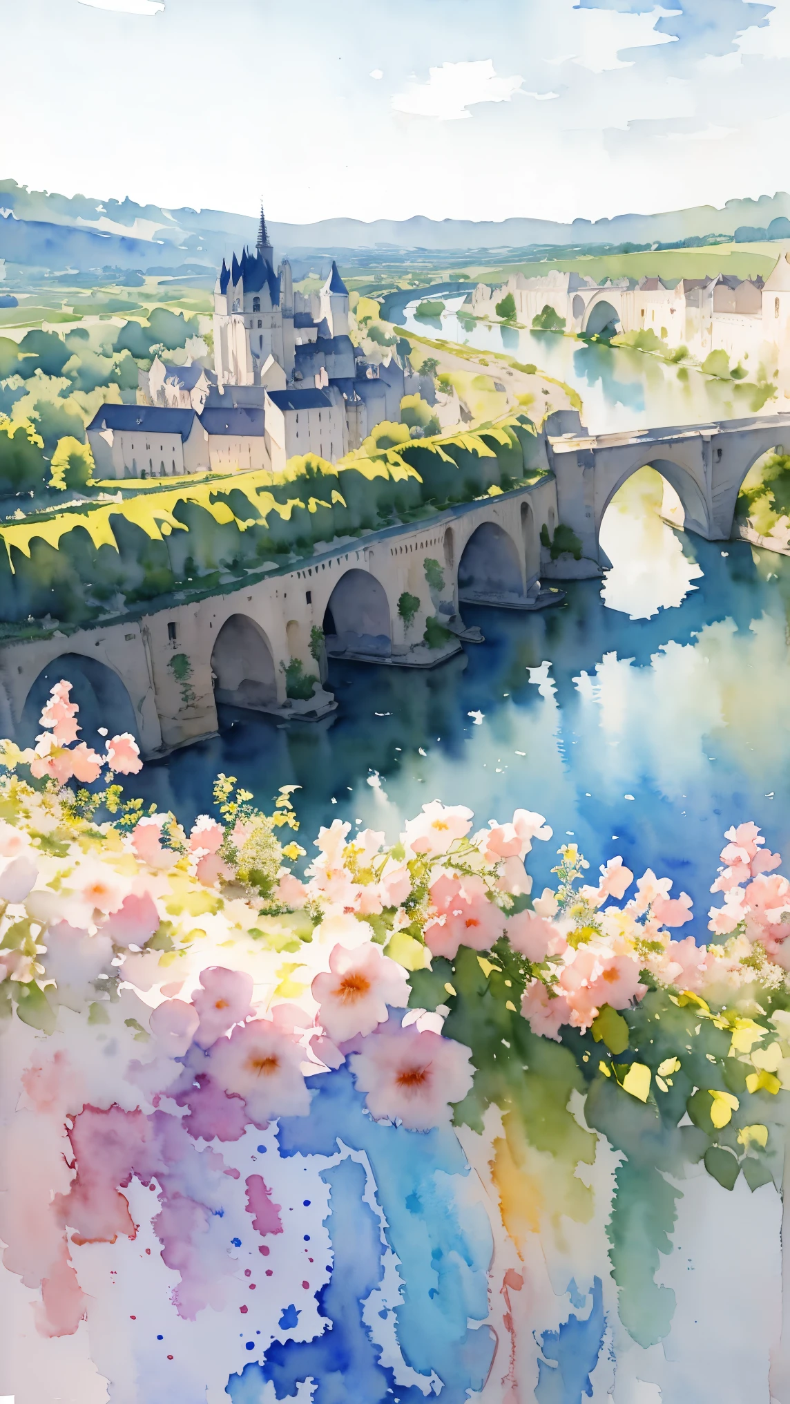 (masterpiece:1.2, Highest quality),(Very detailed),(((watercolor))),8K,wallpaper,Landscape of France,Loire Valley, UNESCO World Heritage Site
