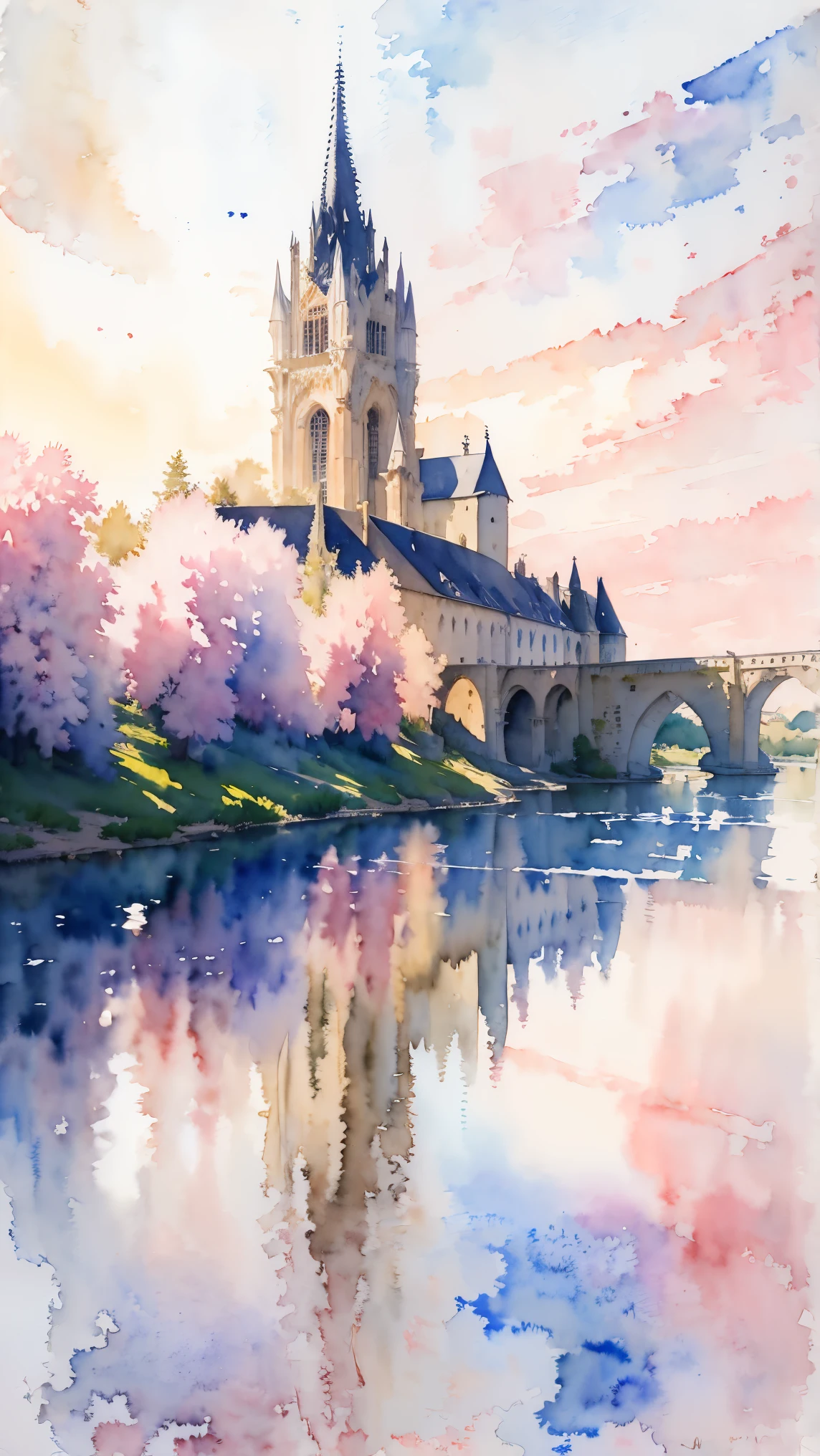 (Obra de arte:1.2, mais alta qualidade),(Muito detalhado),(((aquarela))),8K,papel de parede,Paisagem da França,Vale do Loire, Patrimônio Mundial da UNESCO