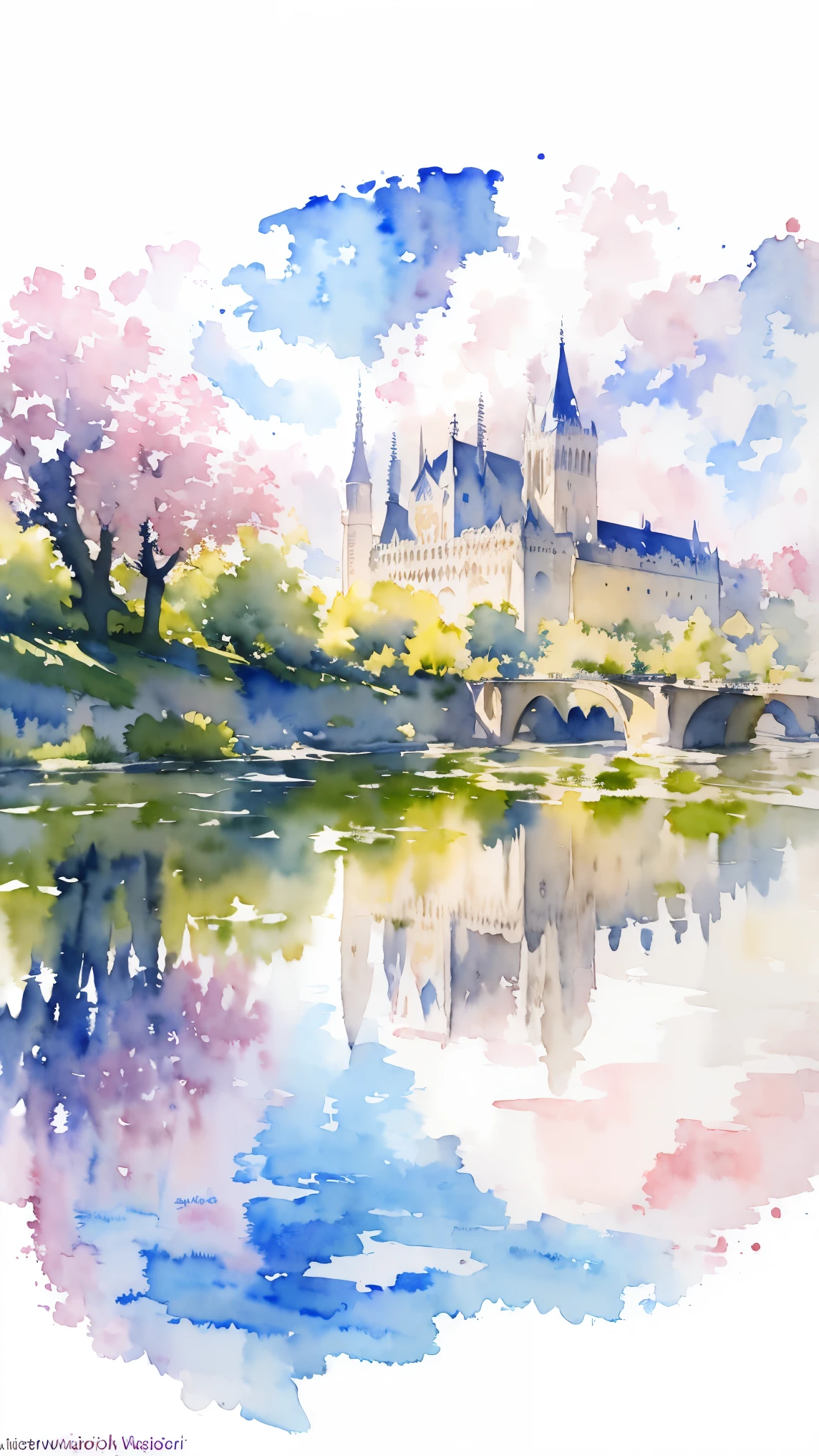 (masterpiece:1.2, Highest quality),(Very detailed),(((watercolor))),8K,wallpaper,Landscape of France,Loire Valley, UNESCO World Heritage Site,(((Transparent watercolor)))